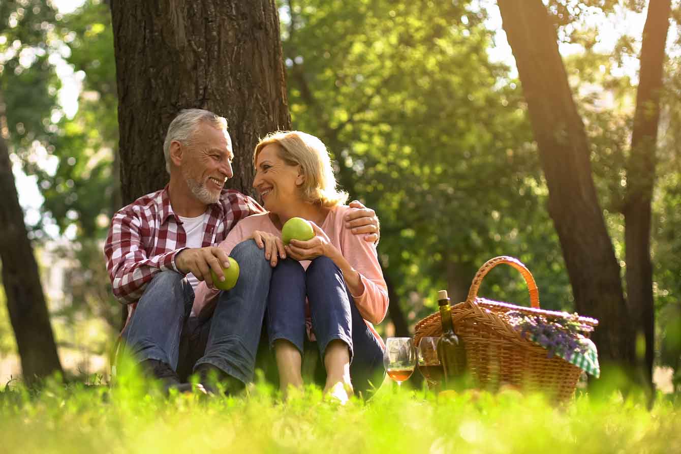 A senior couple has a picnic on their lawn