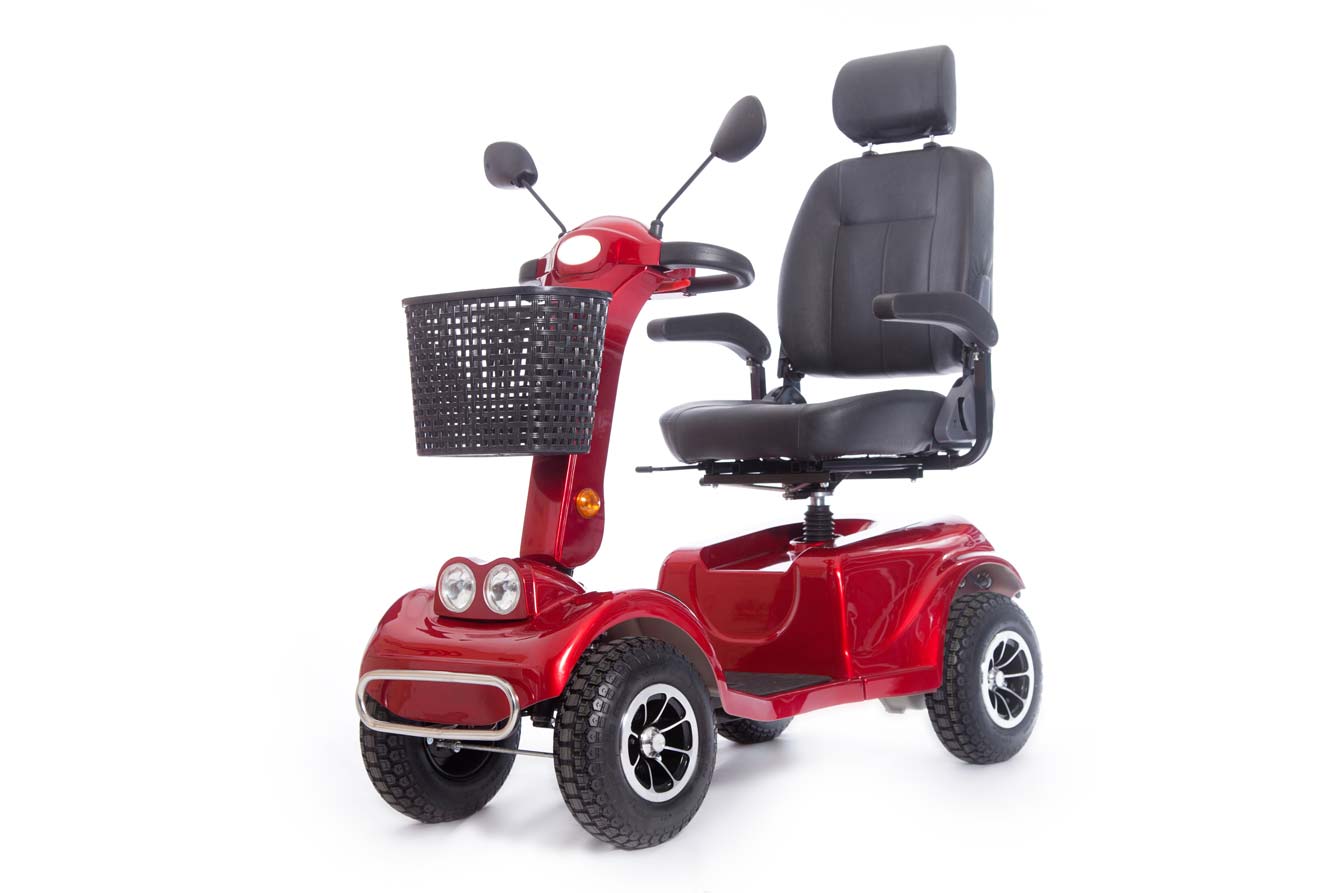 A red mobility scooter for elderly and disabled