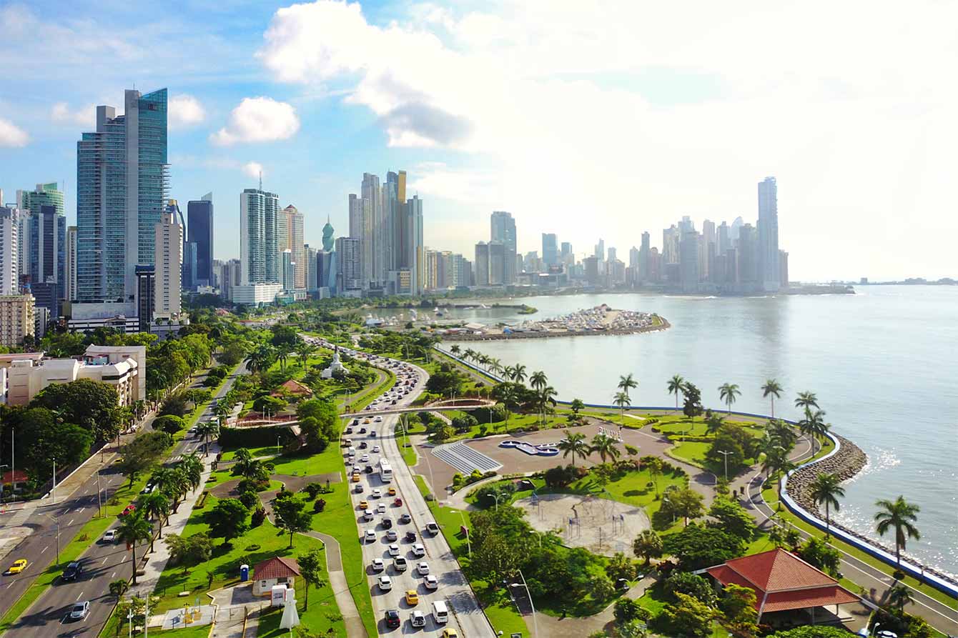 Aerial view of Panama´s Skyline showing La Cinta Costera Boulevard