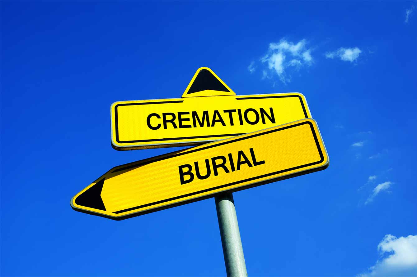 A traffic sign pointing in two different directions - one reads burial and the other reads cremation
