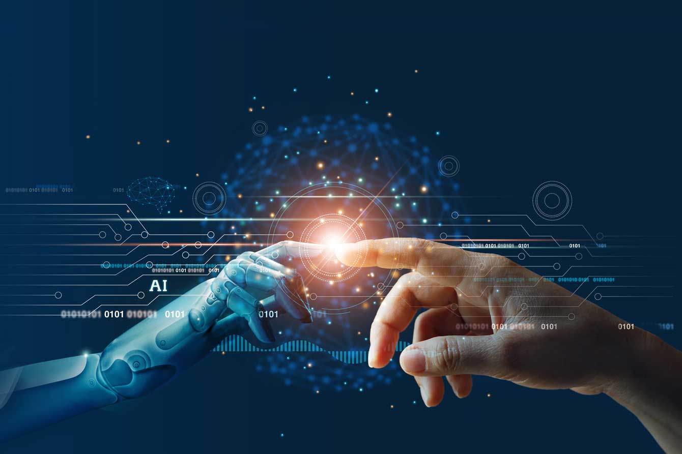The hands of a robot and human touching AI concept