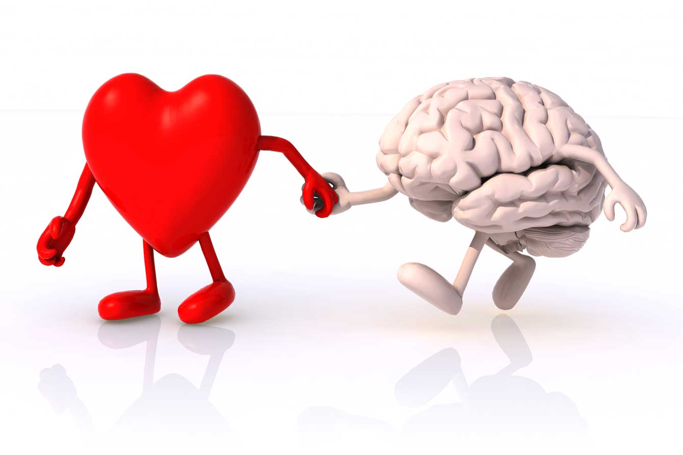 Animation of a heart and a brain walking hand in hand