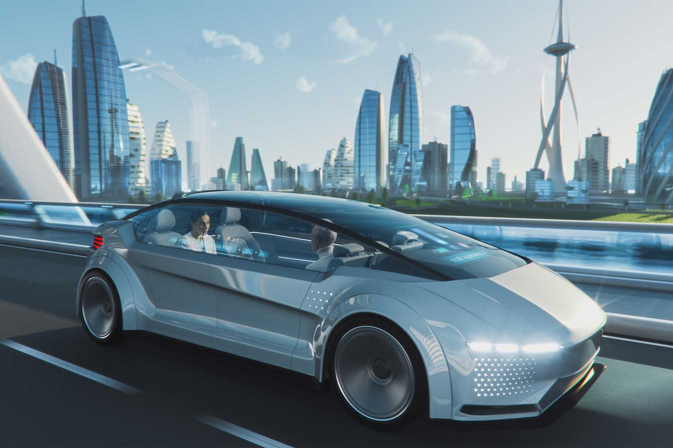 Portrait of a self-driving car in the future with no driver and passengers facing each other