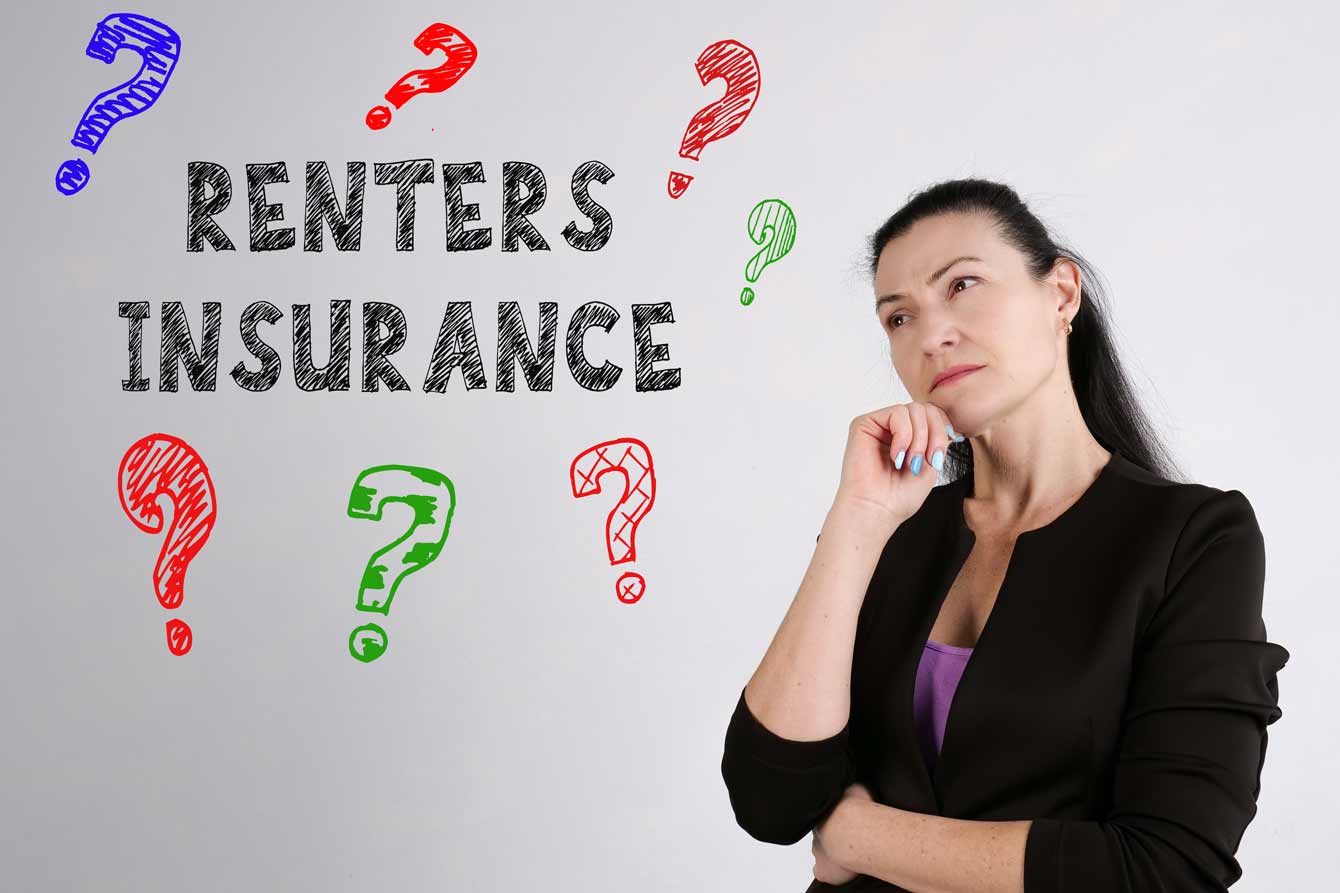 An older woman stares intensely at the words Renters Insurance with colorful question marks around it