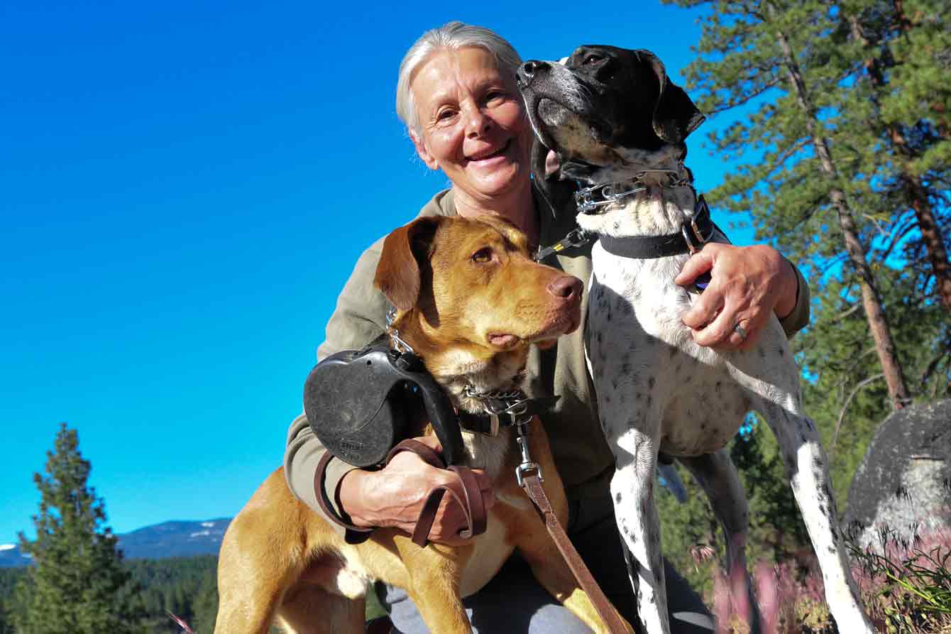 senior lady walking her clients' dogs