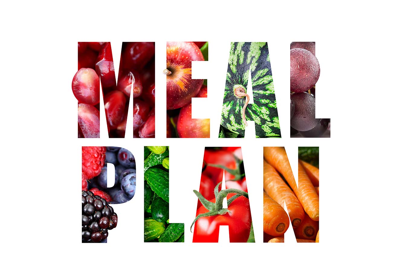 The words meal plan spelled out with fruits and vegetables